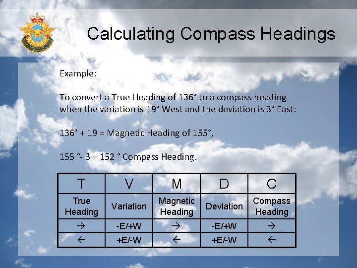 Calculating Compass Headings Example: To convert a True Heading of 136° to a compass