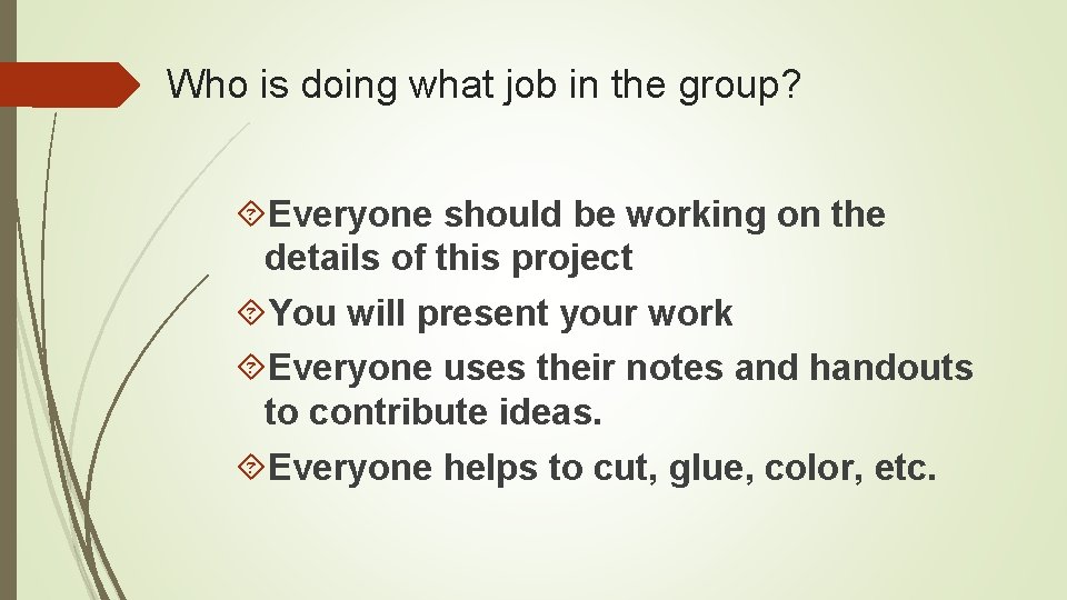 Who is doing what job in the group? Everyone should be working on the