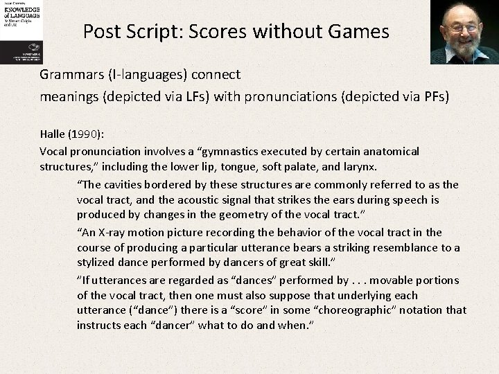 Post Script: Scores without Games Grammars (I-languages) connect meanings (depicted via LFs) with pronunciations