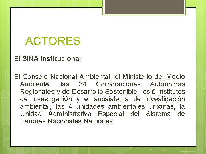 ACTORES El SINA institucional: El Consejo Nacional Ambiental, el Ministerio del Medio Ambiente, las