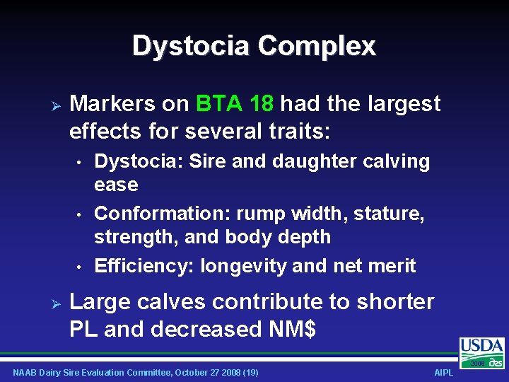 Dystocia Complex Markers on BTA 18 had the largest effects for several traits: •