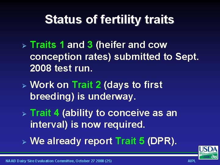 Status of fertility traits Traits 1 and 3 (heifer and cow conception rates) submitted