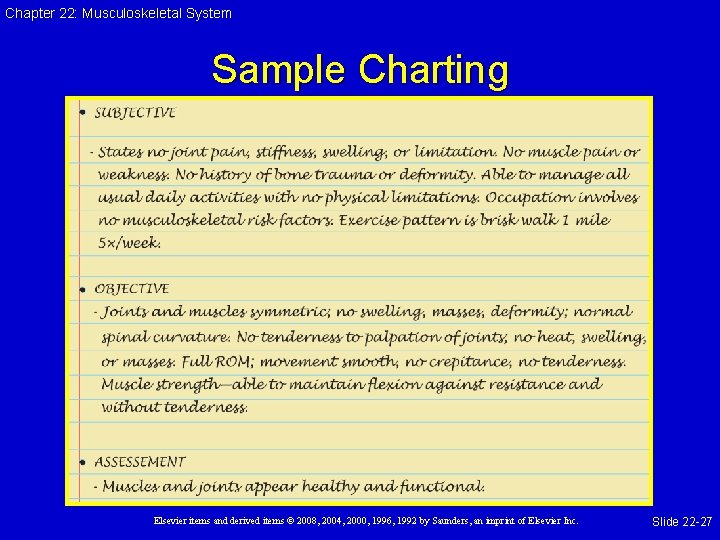 Chapter 22: Musculoskeletal System Sample Charting Elsevier items and derived items © 2008, 2004,