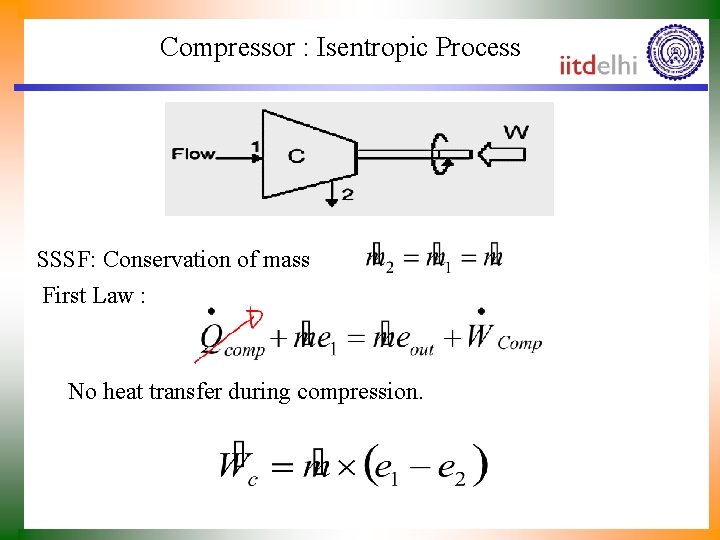 Compressor : Isentropic Process SSSF: Conservation of mass First Law : No heat transfer