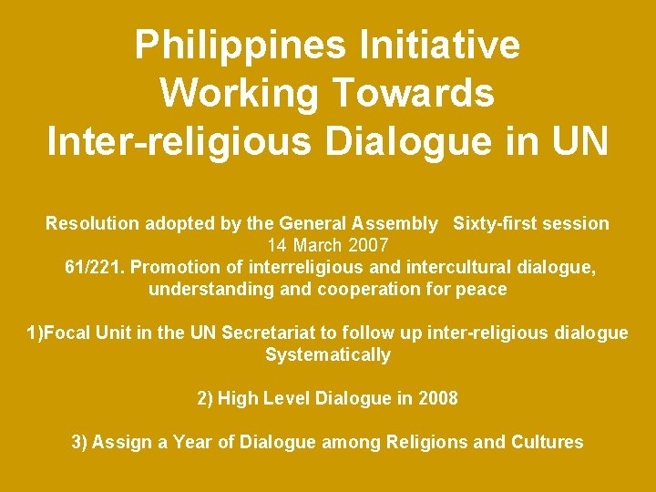 Philippines Initiative Working Towards Inter-religious Dialogue in UN Resolution adopted by the General Assembly