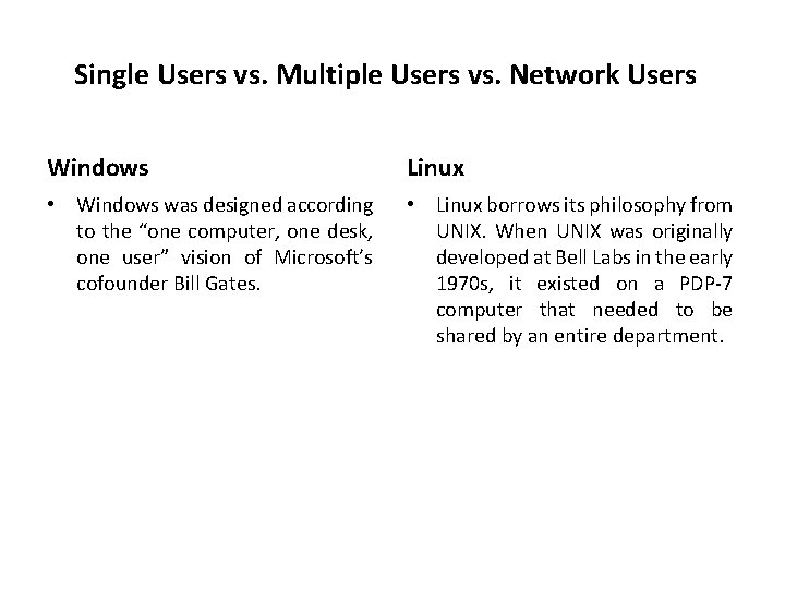 Single Users vs. Multiple Users vs. Network Users Windows Linux • Windows was designed