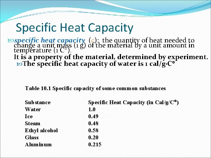 Specific Heat Capacity specific heat capacity (c): the quantity of heat needed to change