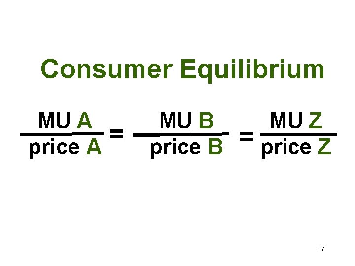 Consumer Equilibrium MU A price A = MU B price B MU Z =