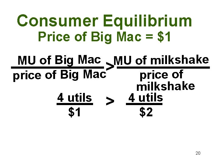 Consumer Equilibrium Price of Big Mac = $1 MU of Big Mac MU of