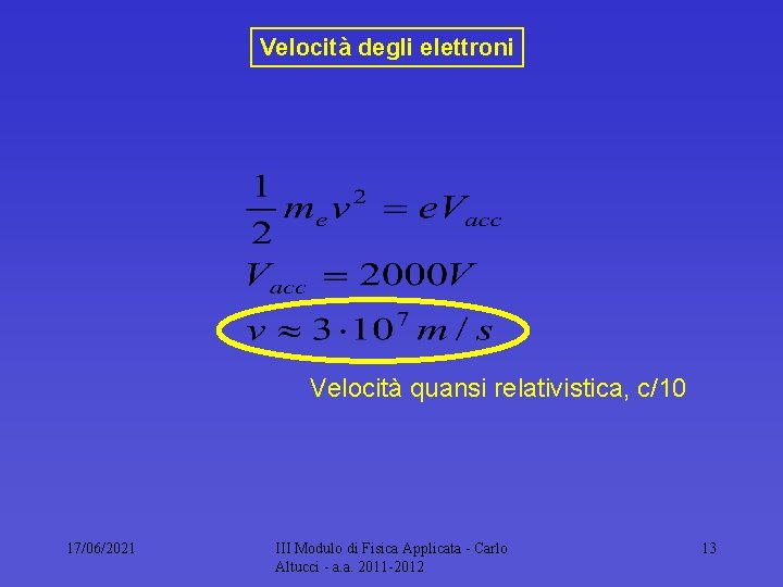 Velocità degli elettroni Velocità quansi relativistica, c/10 17/06/2021 III Modulo di Fisica Applicata Carlo