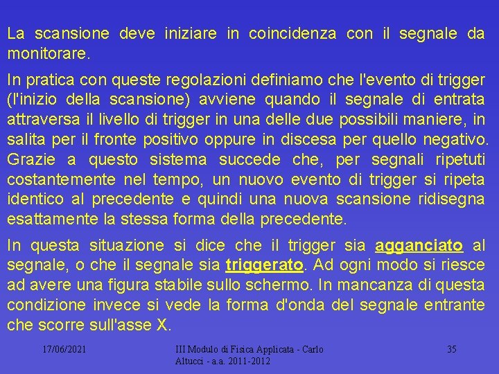 La scansione deve iniziare in coincidenza con il segnale da monitorare. In pratica con