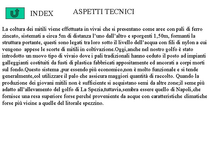 INDEX ASPETTI TECNICI La coltura dei mitili viene effettuata in vivai che si presentano