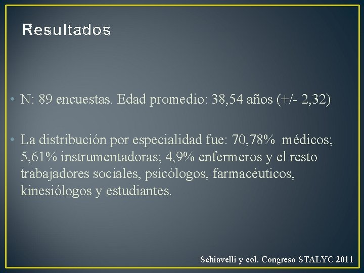 Resultados • N: 89 encuestas. Edad promedio: 38, 54 años (+/- 2, 32) •