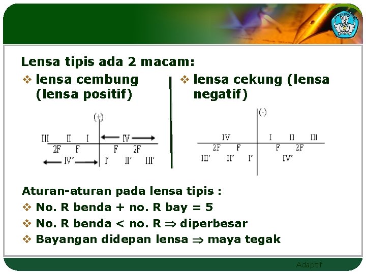 Lensa tipis ada 2 macam: v lensa cembung v lensa cekung (lensa positif) negatif)