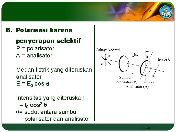 B. Polarisasi karena penyerapan selektif P = polarisator A = analisator Medan listrik yang