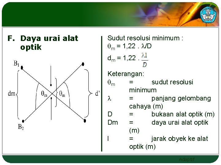 F. Daya urai alat optik Sudut resolusi minimum : m = 1, 22. /D
