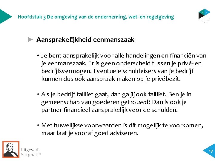 Hoofdstuk 3 De omgeving van de onderneming, wet- en regelgeving ► Aansprakelijkheid eenmanszaak • Hoofdstuk 3 De omgeving van de onderneming, wet- en regelgeving ► Aansprakelijkheid eenmanszaak •