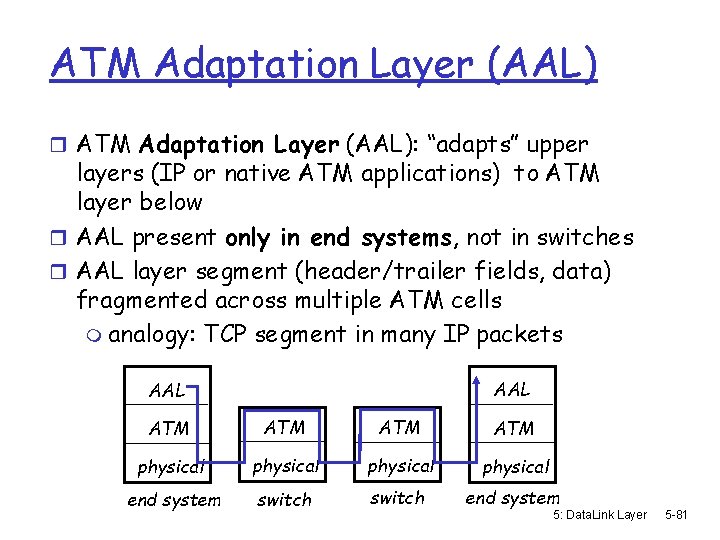 ATM Adaptation Layer (AAL) r ATM Adaptation Layer (AAL): “adapts” upper layers (IP or