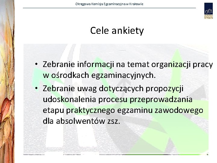 Okręgowa Komisja Egzaminacyjna w Krakowie Cele ankiety • Zebranie informacji na temat organizacji pracy