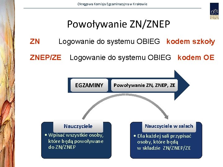 Okręgowa Komisja Egzaminacyjna w Krakowie Powoływanie ZN/ZNEP ZN Logowanie do systemu OBIEG kodem szkoły