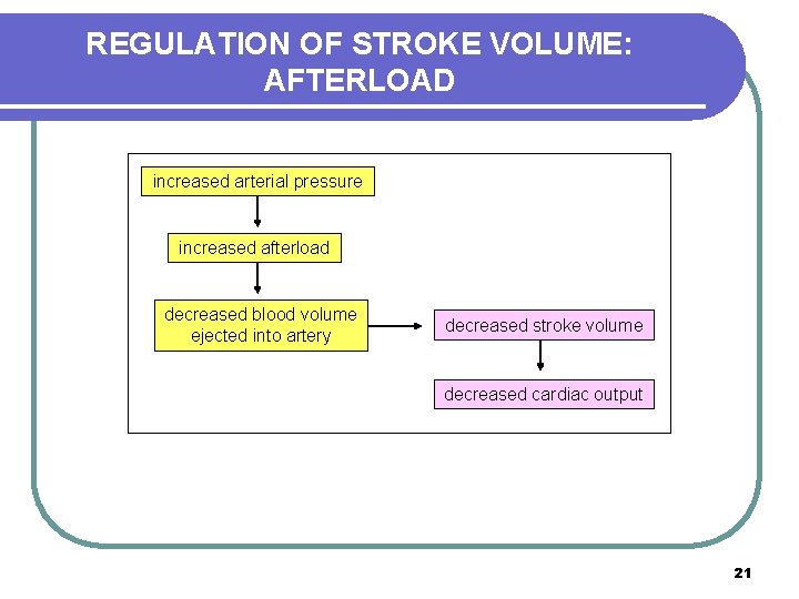 REGULATION OF STROKE VOLUME: AFTERLOAD increased arterial pressure increased afterload decreased blood volume ejected REGULATION OF STROKE VOLUME: AFTERLOAD increased arterial pressure increased afterload decreased blood volume ejected