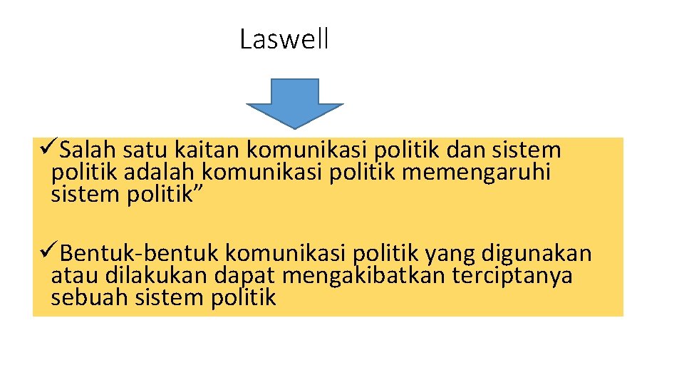 Laswell üSalah satu kaitan komunikasi politik dan sistem politik adalah komunikasi politik memengaruhi sistem