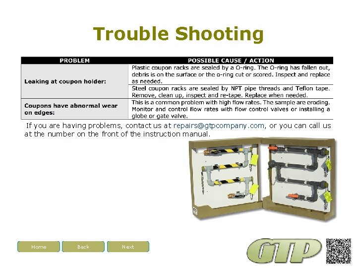 Trouble Shooting If you are having problems, contact us at repairs@gtpcompany. com, or you