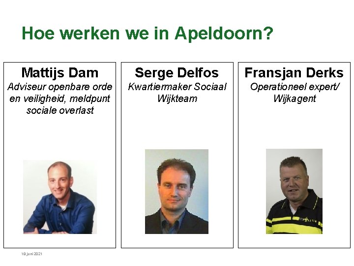 Hoe werken we in Apeldoorn? Mattijs Dam Serge Delfos Fransjan Derks Adviseur openbare orde Hoe werken we in Apeldoorn? Mattijs Dam Serge Delfos Fransjan Derks Adviseur openbare orde