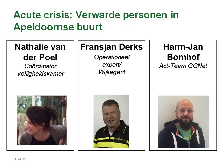 Acute crisis: Verwarde personen in Apeldoornse buurt Nathalie van der Poel Coördinator Veiligheidskamer 18 Acute crisis: Verwarde personen in Apeldoornse buurt Nathalie van der Poel Coördinator Veiligheidskamer 18
