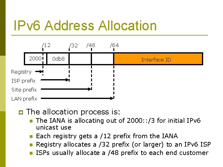 IPv 6 Address Allocation /12 2000 /32 /48 /64 0 db 8 Interface ID