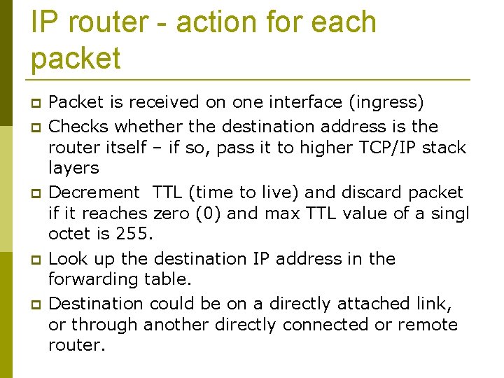 IP router - action for each packet Packet is received on one interface (ingress)