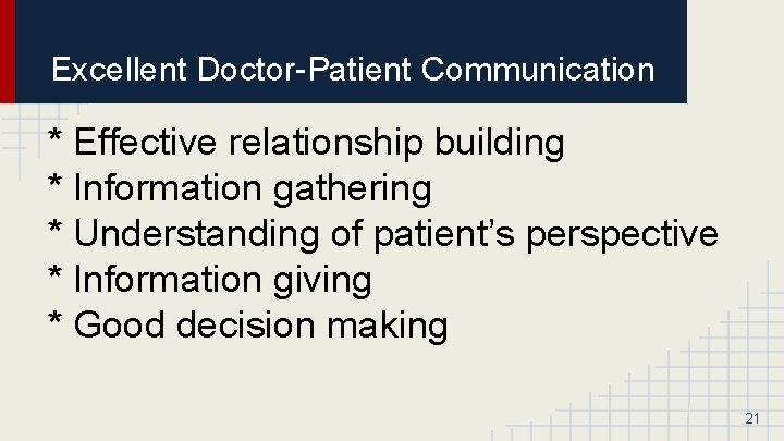 Excellent Doctor-Patient Communication * Effective relationship building * Information gathering * Understanding of patient’s