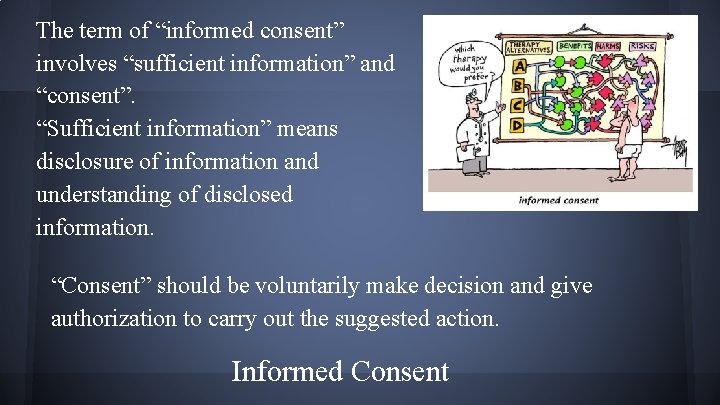 The term of “informed consent” involves “sufficient information” and “consent”. “Sufficient information” means disclosure