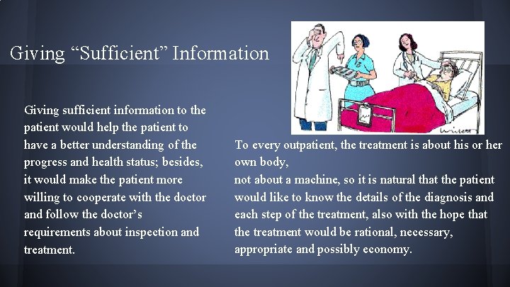 Giving “Sufficient” Information Giving sufficient information to the patient would help the patient to