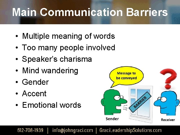 Main Communication Barriers • • Multiple meaning of words Too many people involved Speaker’s