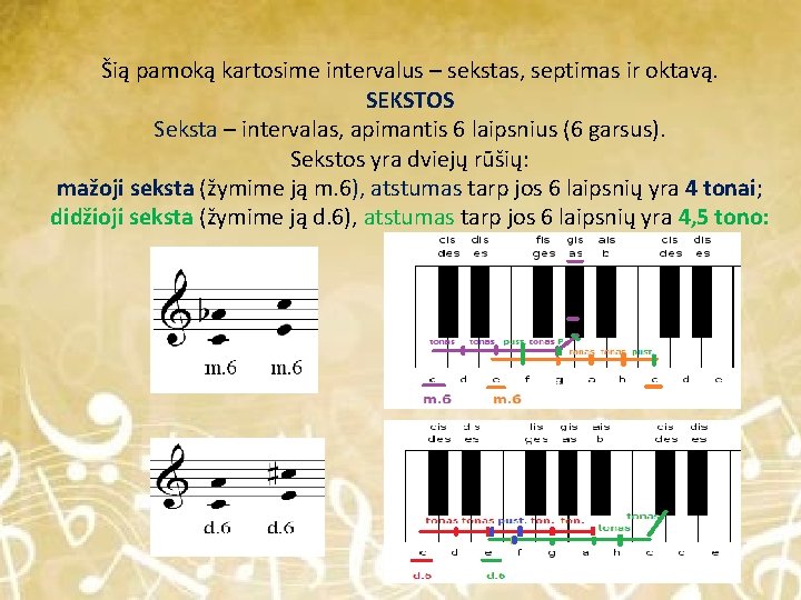 Šią pamoką kartosime intervalus – sekstas, septimas ir oktavą. SEKSTOS Seksta – intervalas, apimantis