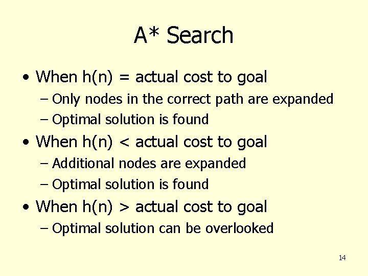 A* Search • When h(n) = actual cost to goal – Only nodes in