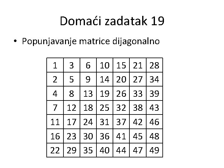 Domaći zadatak 19 • Popunjavanje matrice dijagonalno 1 2 4 7 11 16 22