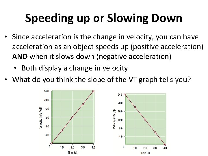 Speeding up or Slowing Down • Since acceleration is the change in velocity, you