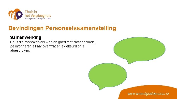 Bevindingen Personeelssamenstelling Samenwerking De (zorg)medewerkers werken goed met elkaar samen. Ze informeren elkaar over