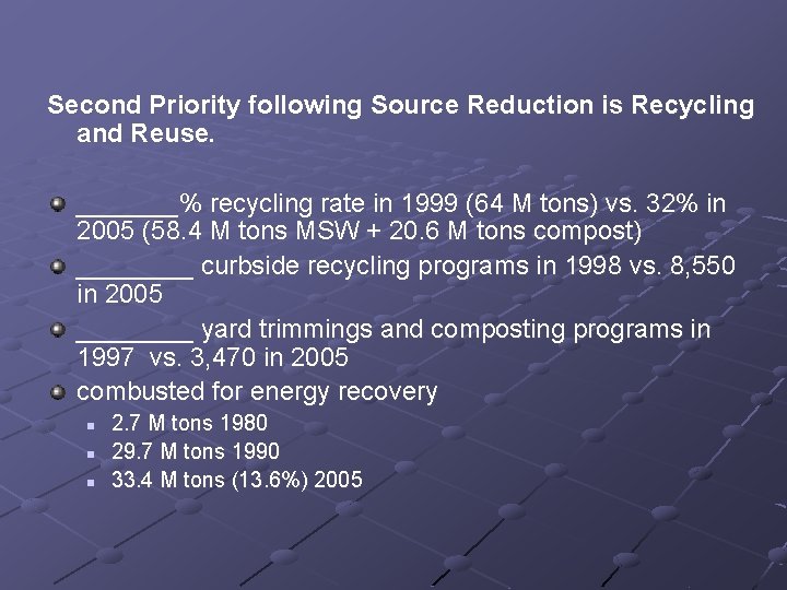 Second Priority following Source Reduction is Recycling and Reuse. _______% recycling rate in 1999