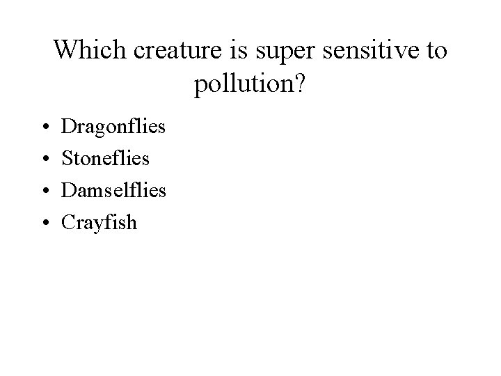 Which creature is super sensitive to pollution? • • Dragonflies Stoneflies Damselflies Crayfish 