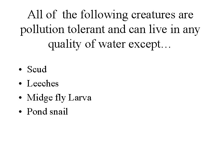 All of the following creatures are pollution tolerant and can live in any quality