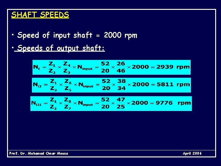 SHAFT SPEEDS • Speed of input shaft = 2000 rpm • Speeds of output