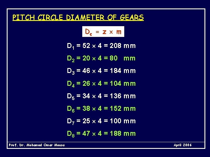 PITCH CIRCLE DIAMETER OF GEARS Dc = z m D 1 = 52 4