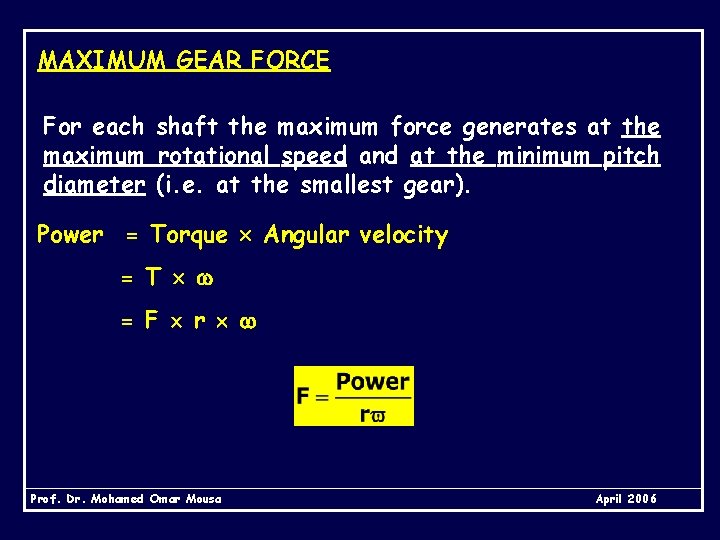 MAXIMUM GEAR FORCE For each shaft the maximum force generates at the maximum rotational