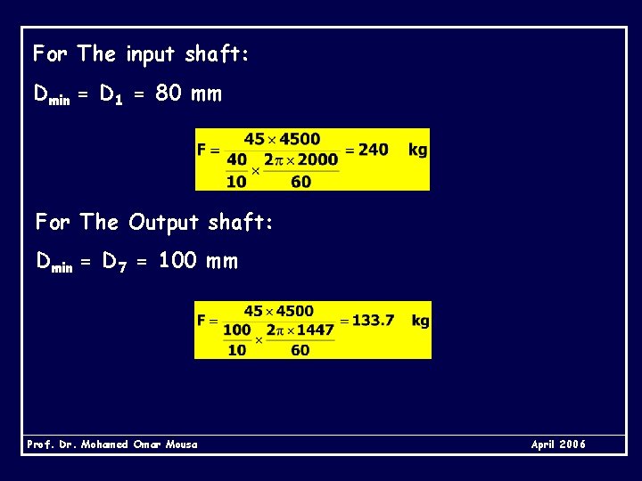 For The input shaft: Dmin = D 1 = 80 mm For The Output