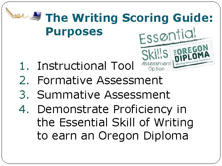 The Writing Scoring Guide: Purposes 1. 2. 3. 4. Instructional Tool Formative Assessment Summative