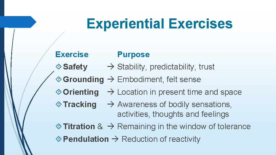 Experiential Exercises Exercise Safety Purpose Stability, predictability, trust Grounding Embodiment, felt sense Orienting Location