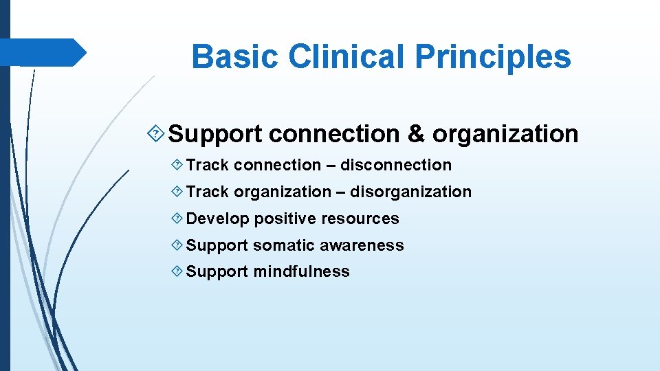 Basic Clinical Principles Support connection & organization Track connection – disconnection Track organization –